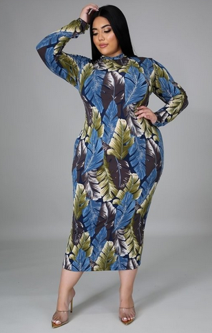 blue-leaf-print-dress-plus-size